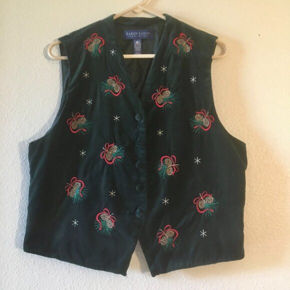 VTG Karen Scott Ugly Christmas Velvet Vest 100% Cotton Pinecones Snowflakes Sz L - Picture 1 of 6